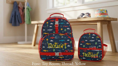 Personalized Stephen Joseph Cars & Trucks backpack and lunchbox with colorful vehicle print and yellow "Robert" embroidery on navy blue