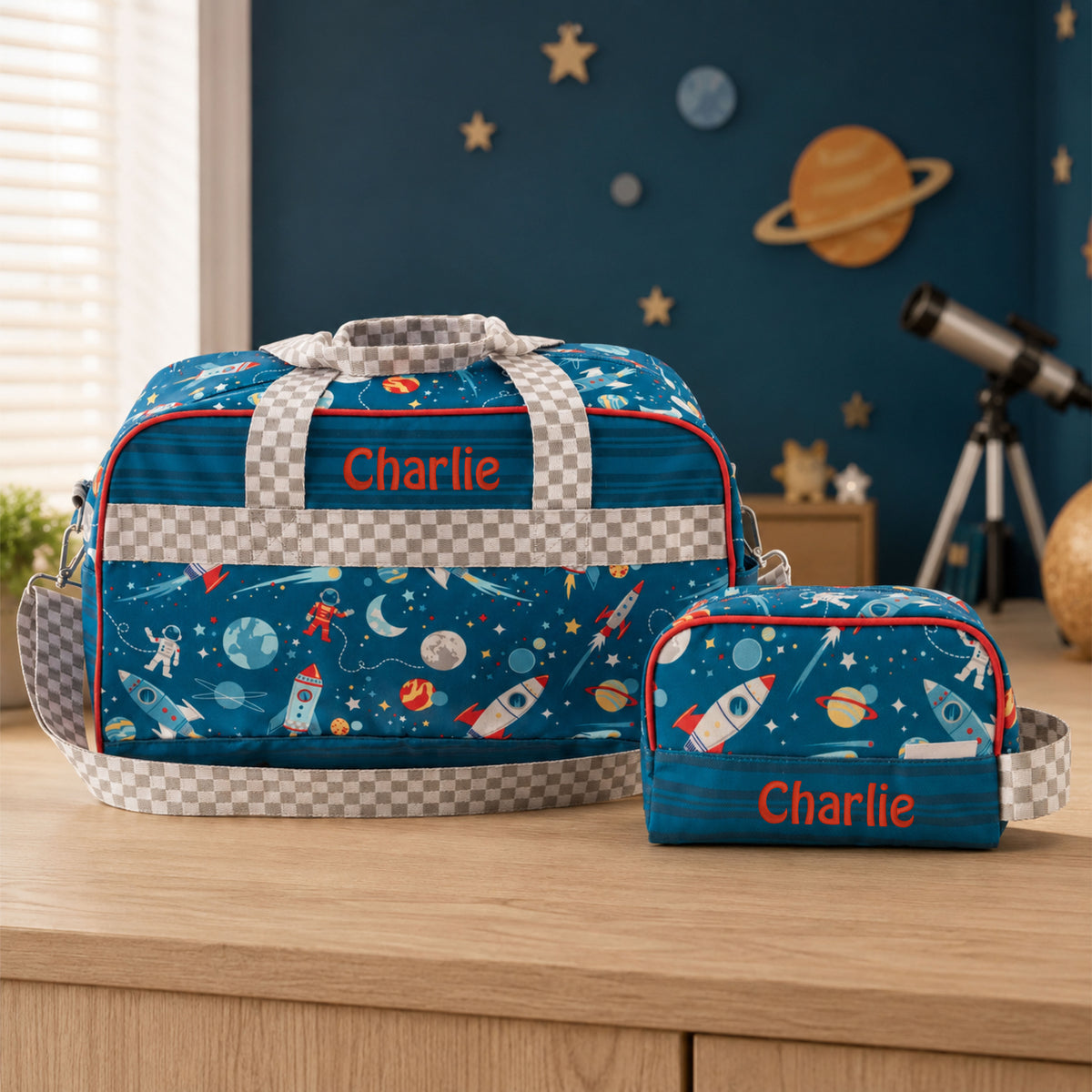 Personalized Stephen Joseph Space Duffle Bag & Toiletry Bag Set