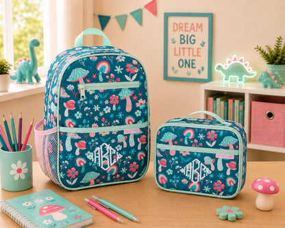 Personalized Stephen Joseph Mushroom Backpack & Lunchbox Set – backpack, shown with embroidered name