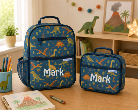 Personalized Stephen Joseph Navy Dinosaur Junior Backpack & Lunchbox Set