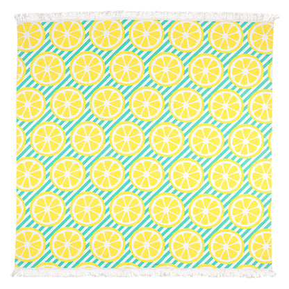 Yellow lemon-print beach blanket with mint and white striped background