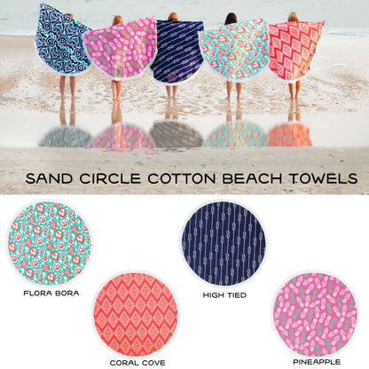 Collage of round beach towels in floral, striped, pineapple and coral patterns