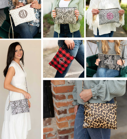 Collage of women carrying personalized printed crossbody wristlet bags