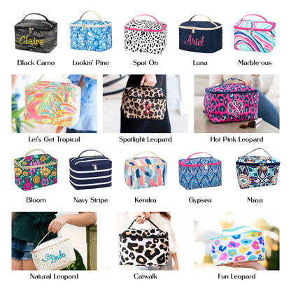 Collage of travel cosmetic cases in solid colors and assorted prints