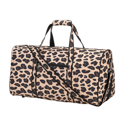 Tan and black leopard-print duffel with matching handles and shoulder strap