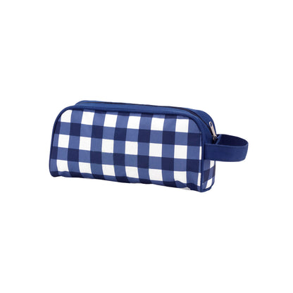 Navy and white checked toiletry pouch with a side carry loop