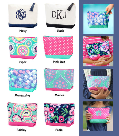 Collage of personalized cosmetic pouches in solid and colorful printed designs
