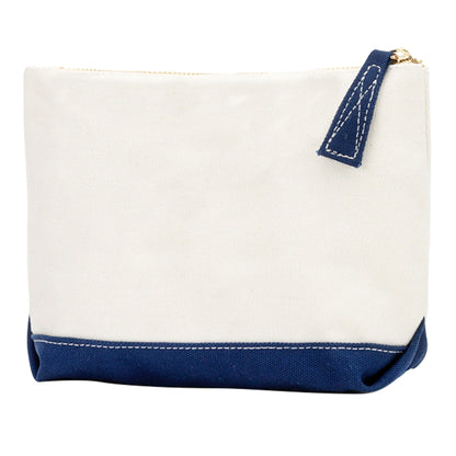 Cream accessory pouch with navy base and zipper pull