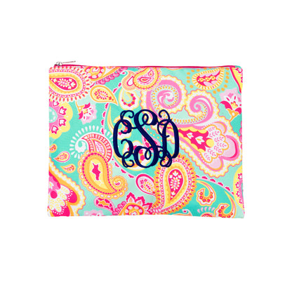 Colorful paisley zipper pouch with a navy monogram