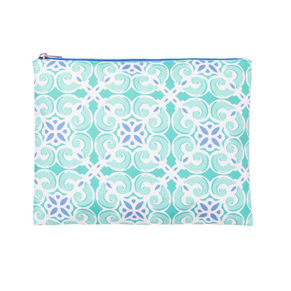 Mint and white tile-pattern zipper pouch on a white background