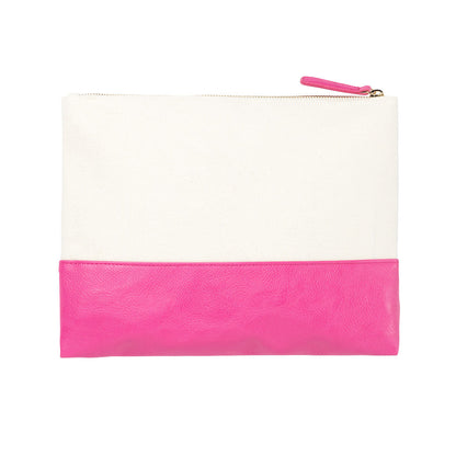 Cream pouch with a hot pink lower panel and zipper pull