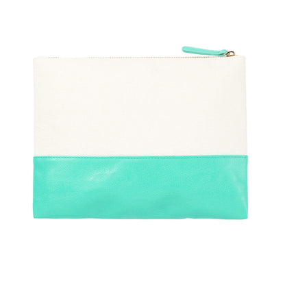 Cream pouch with a mint lower panel and zipper pull