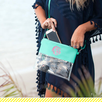 Clear bag with mint trim, worn as a crossbody bag with a phone inside