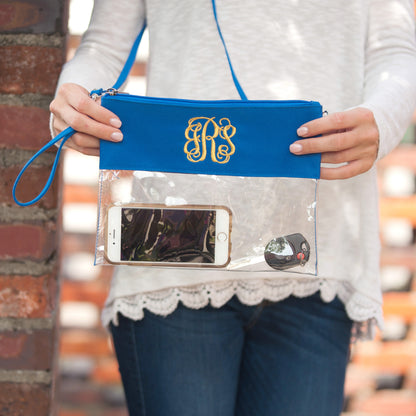 Clear bag with royal blue trim, close-up held in both hands