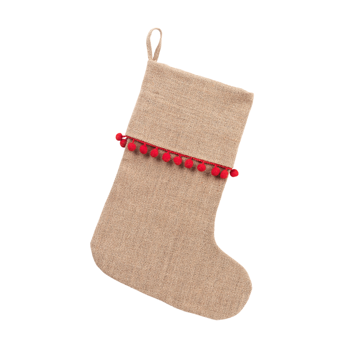 Solid Burlap with Red Pom Poms Christmas Stockings