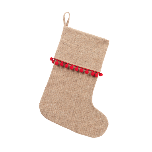 Solid Burlap with Red Pom Poms Christmas Stockings
