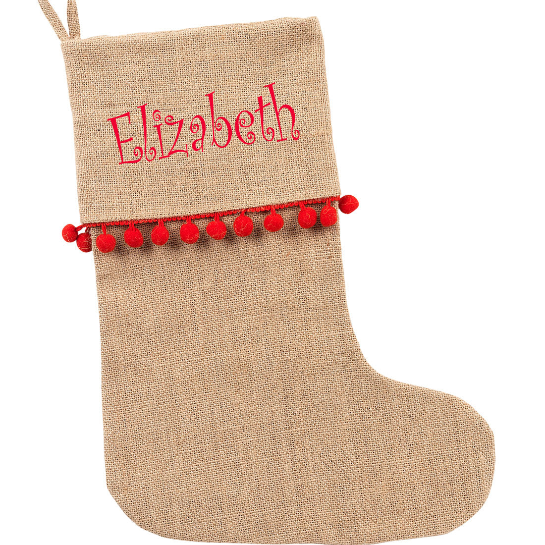 Solid Burlap with Red Pom Poms Christmas Stockings