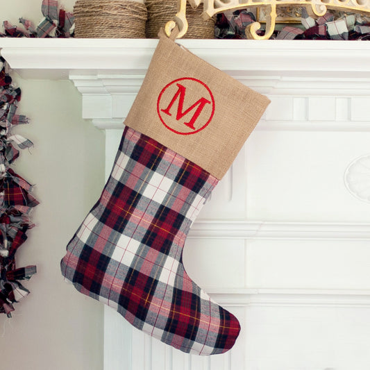 plaid burlap Christmas stocking, front view