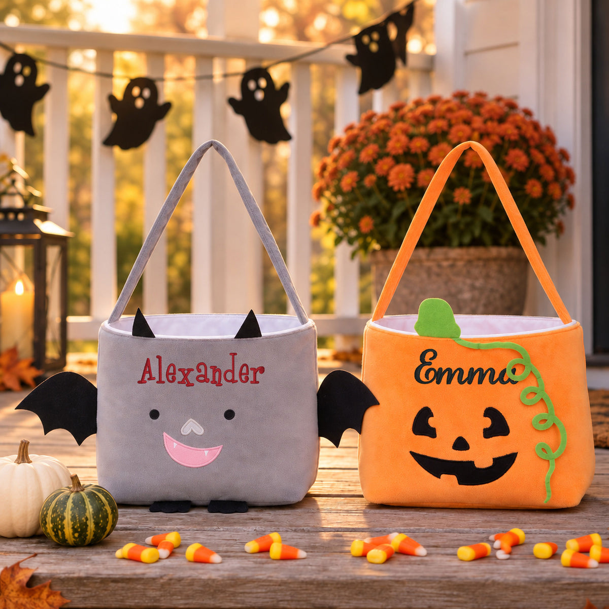 Personalized Plush Halloween Basket with Name Kids Trick or Treat Candy Basket Pumpkin or Bat