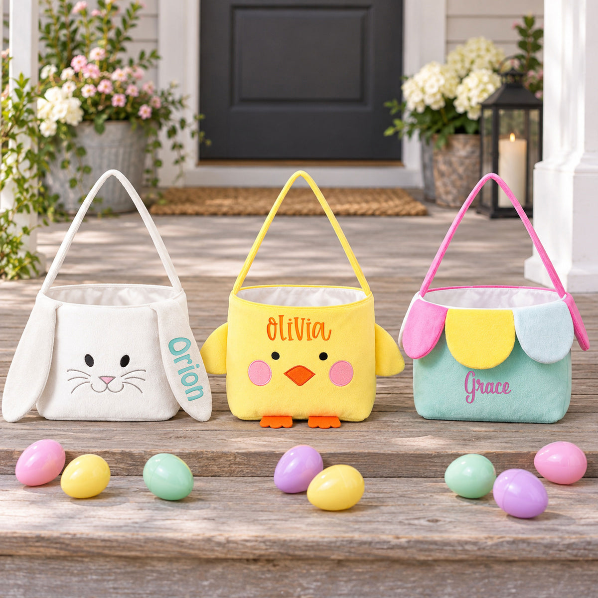 Personalized Plush Easter Basket with Name Kids Egg Hunt Basket Bunny Chick or Flower