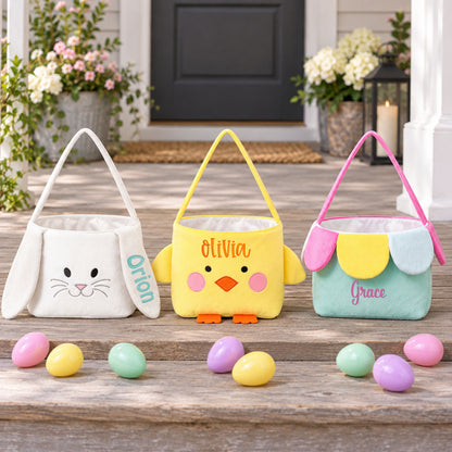 Personalized Plush Easter Basket with Name Kids Egg Hunt Basket Bunny Chick or Flower