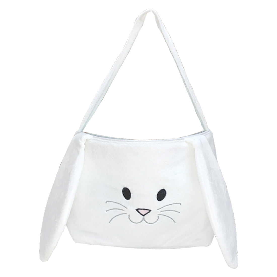 White plush bunny basket with floppy ears, embroidered face and whiskers, white handle, front view on white