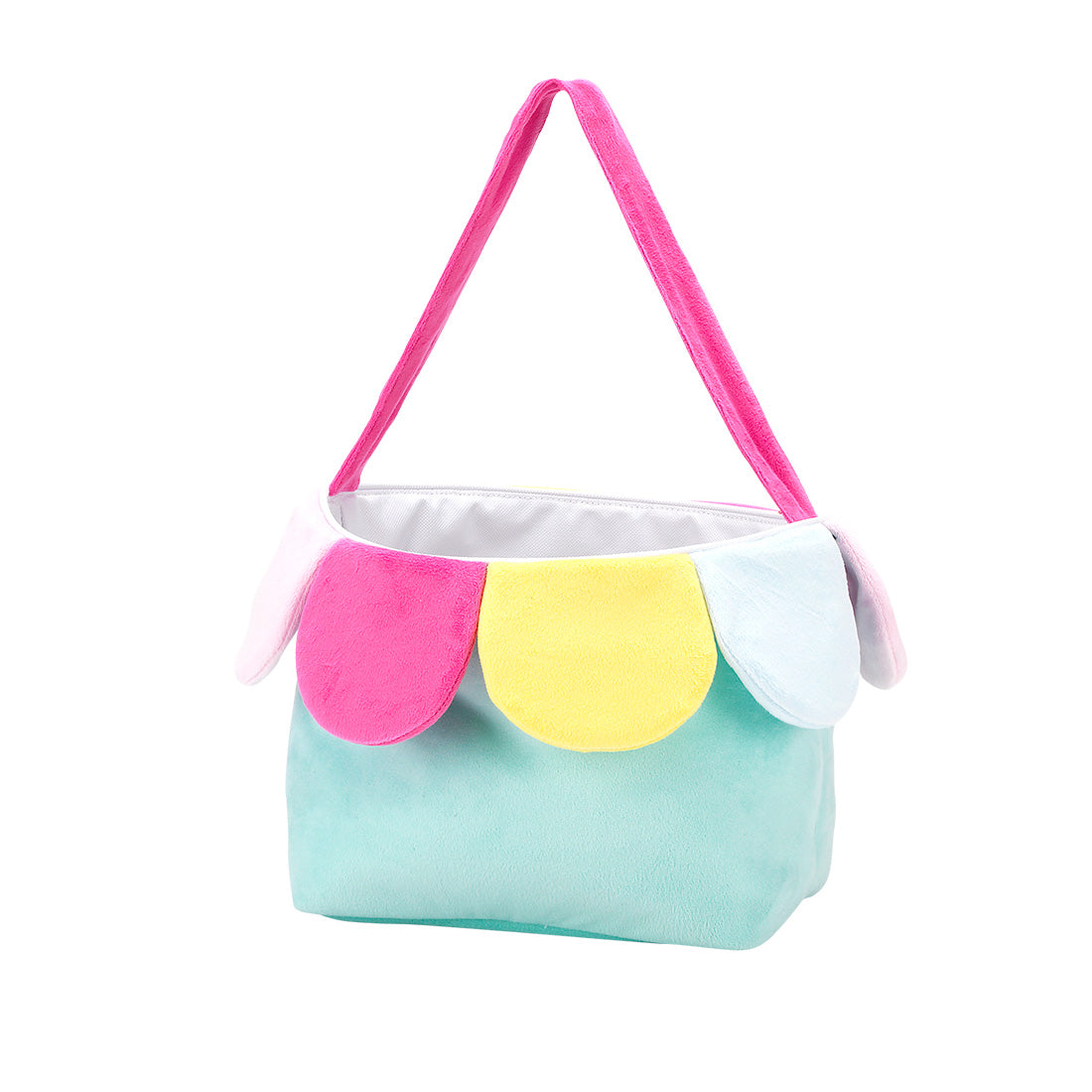 Mint plush flower basket with pink yellow and blue scalloped petals and a bright pink handle, front view on white