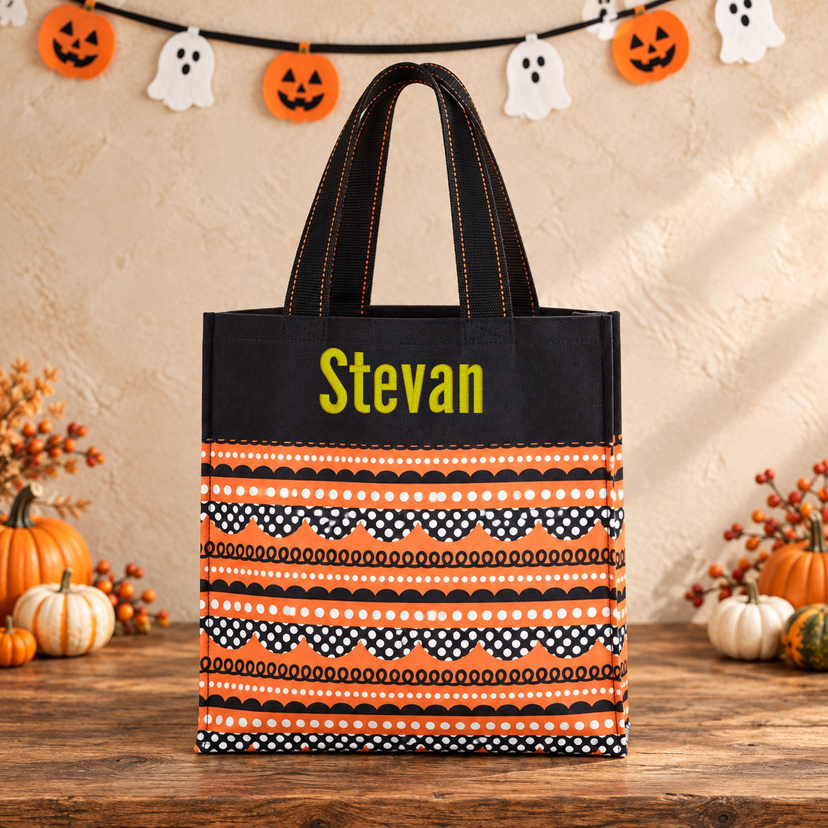 Personalized Halloween Candy Tote Bag, Orange and Black Stripe Pattern