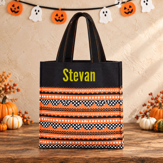 Personalized Halloween Candy Tote Bag, Orange and Black Stripe Pattern