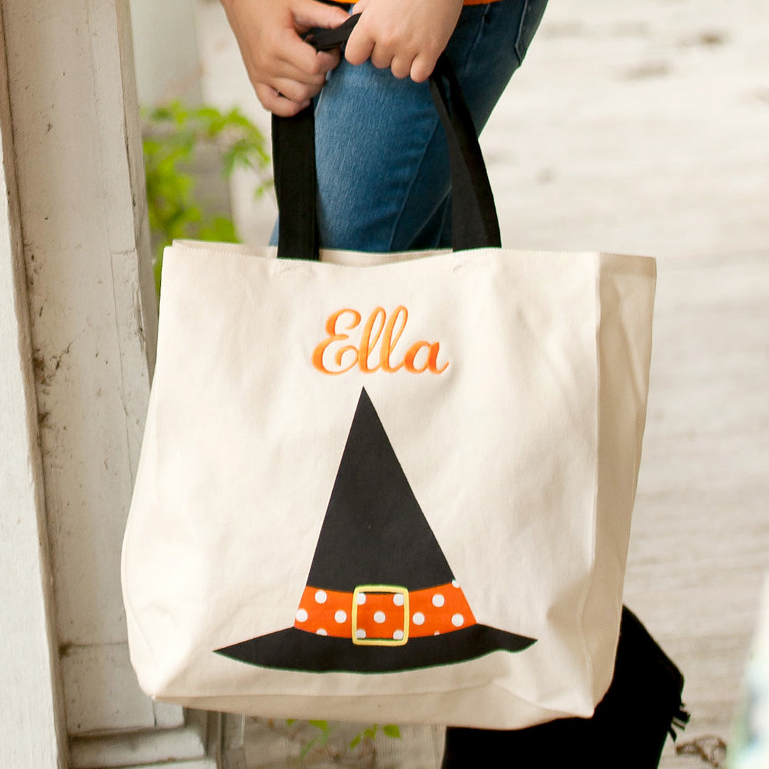 Halloween Trick or Treat Canvas Tote Bag with Witch Hat