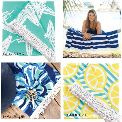 Collage of beach blankets in Sea Star, navy stripe, Malibu and Squeeze designs
