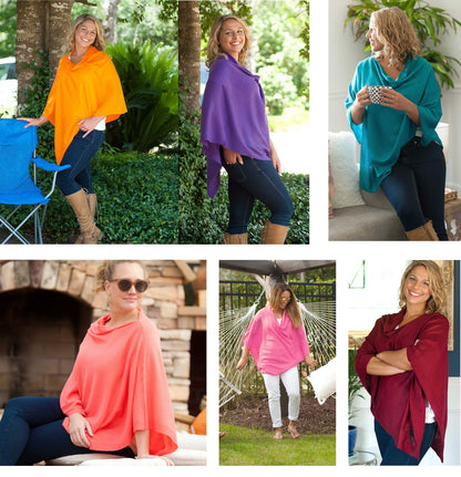 Collage of women wearing Chelsea ponchos in assorted solid colors