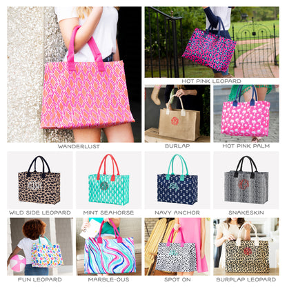 Collage of everyday carryall totes in animal, coastal and natural-look designs