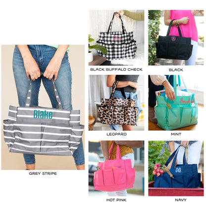 Collage of carryall totes in gray stripe, black check, black, leopard, mint, pink and navy