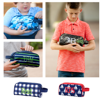 Collage of children holding personalized patterned toiletry bags with checked and sailboat pouch examples