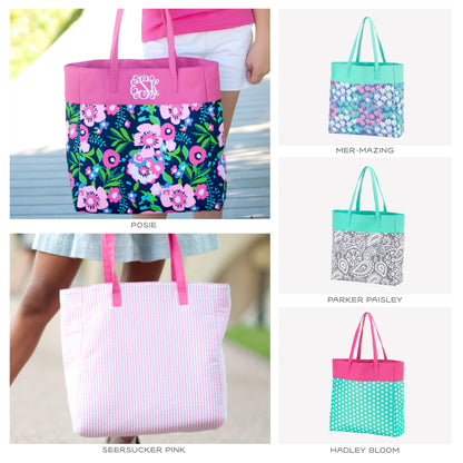 Collage of colorful panel totes in floral, mermaid, paisley, dot and pink stripe designs