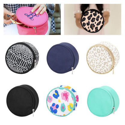 Collage of round jewelry cases in solid colors and animal prints