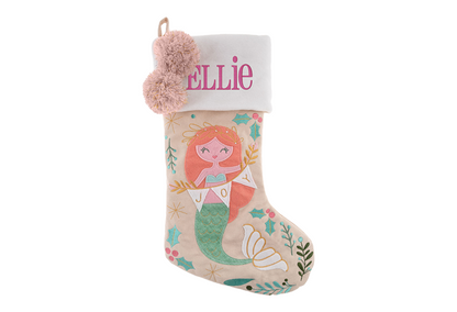Beige mermaid stocking with pink cuff, embroidered name ELLIE, and pink pom-poms.