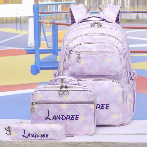 Backpack, Lunchbox & Pencil Bag Set, Purple Mermaid Scales