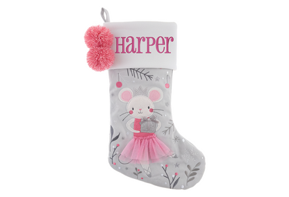 Gray stocking with a mouse in a pink tutu, embroidered name Harper, and pink pom-poms.