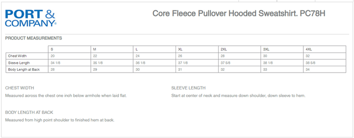 Size chart for sweatshirt