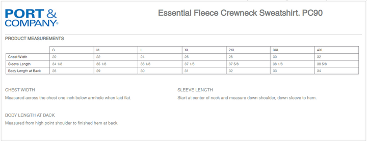 Size chart for sweatshirt