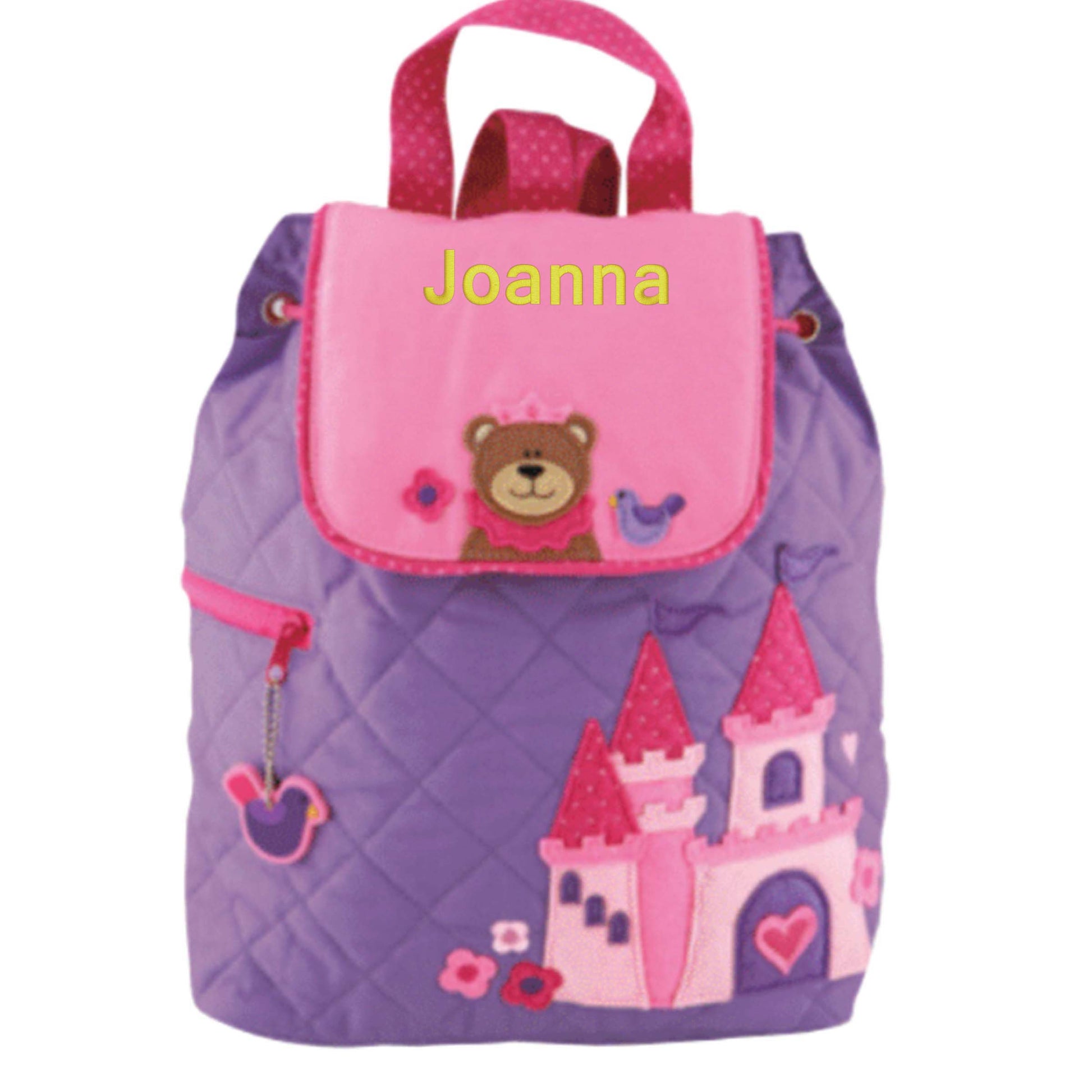 Princess Bear quilted backpack, close-up of embroidered design detail