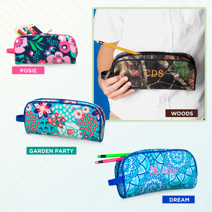 Personalized pencil cases in Posie, Woods, Garden Party and Dream patterns