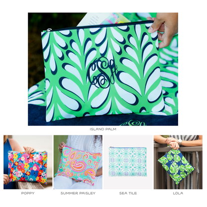 Collage of personalized leaf, floral, paisley and tile-print accessory pouches