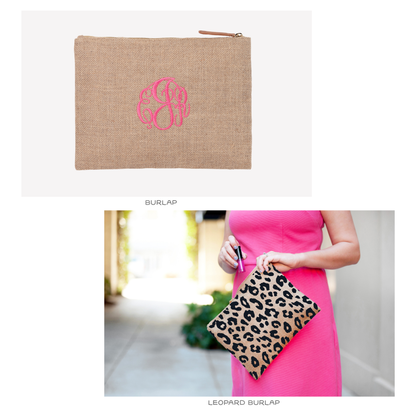 Collage of plain and leopard-print burlap-style accessory pouches