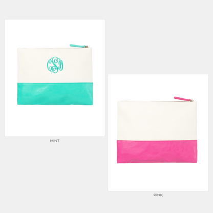 Cream color-block pouches with mint and pink lower panels