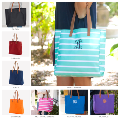 Collage of personalized solid and striped totes with tan handles