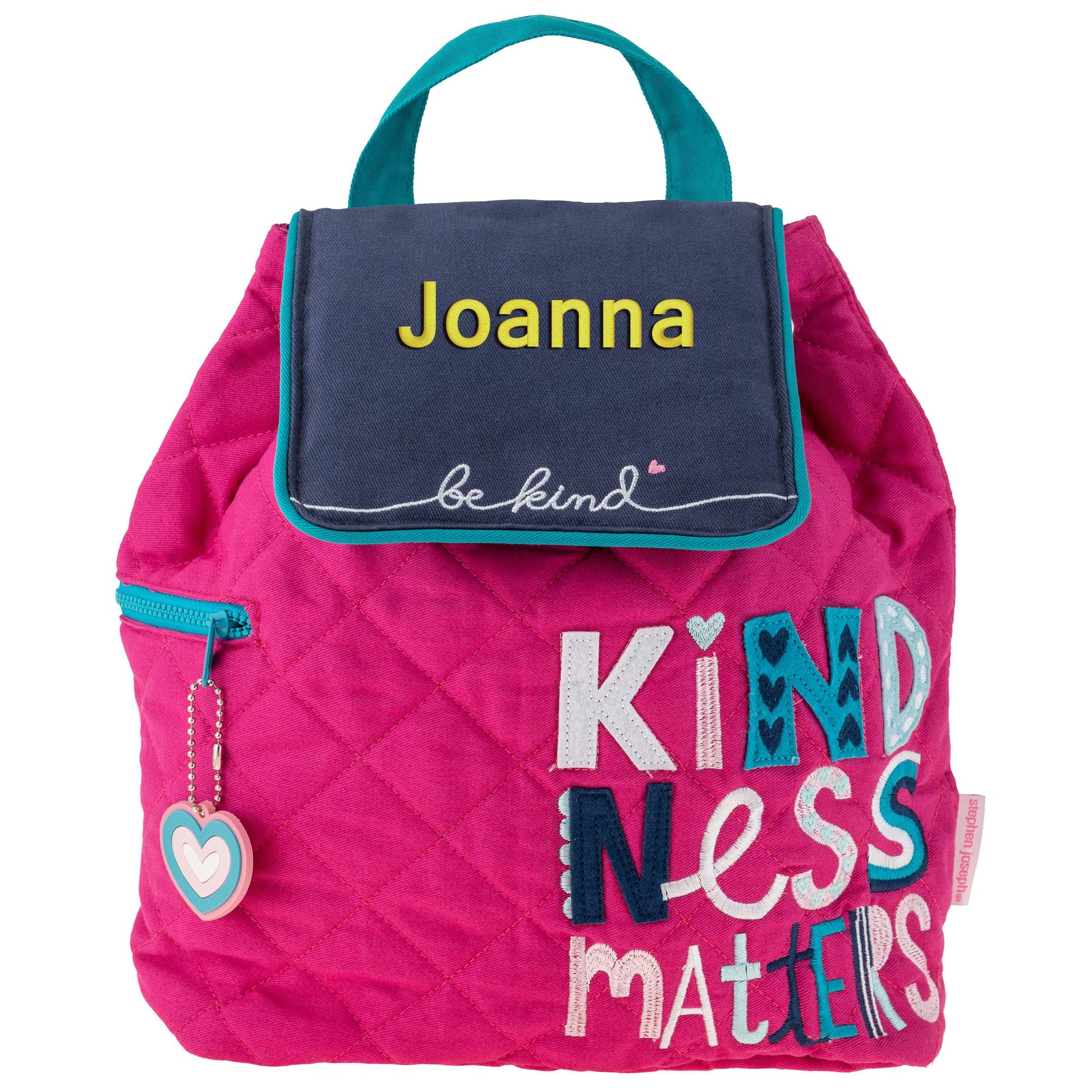 Kindness quilted backpack, close-up of embroidered design detail