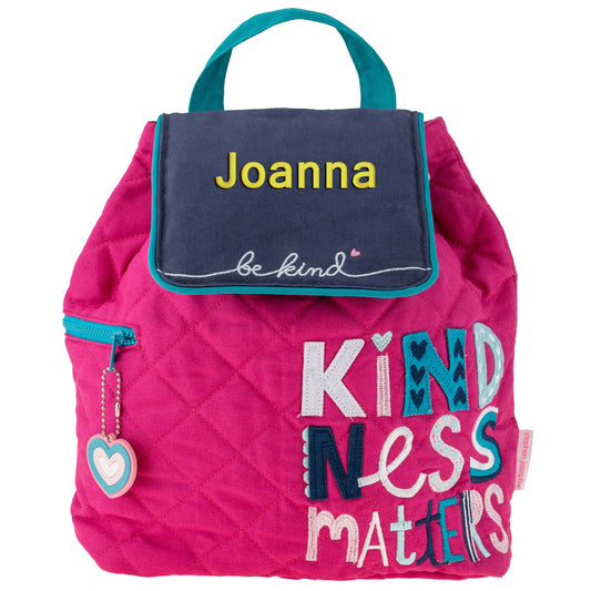 Kindness quilted backpack, close-up of embroidered design detail